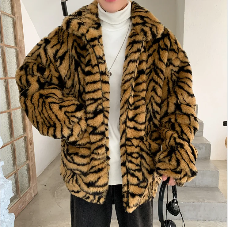 Men Tiger Pattern Fleece Fur Fluffy Coat Jacket Jumper Outwear Oversized Warm Outwear Jackets