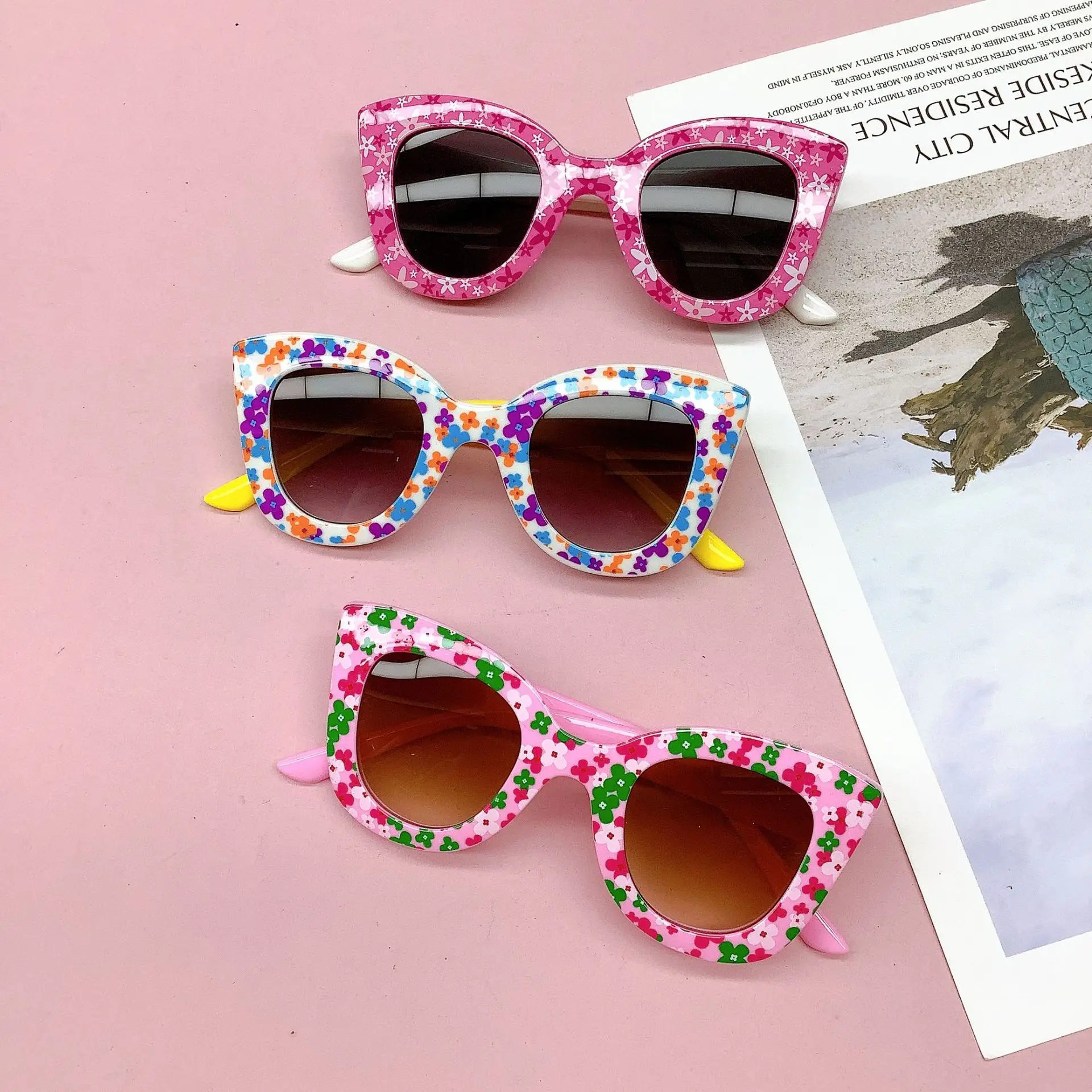 

2023 Hot Selling Custom Beach Party Fashion Boys Girls Sun Glasses Cute Cat Eye Shades Kids Flower Sunglasses UV400