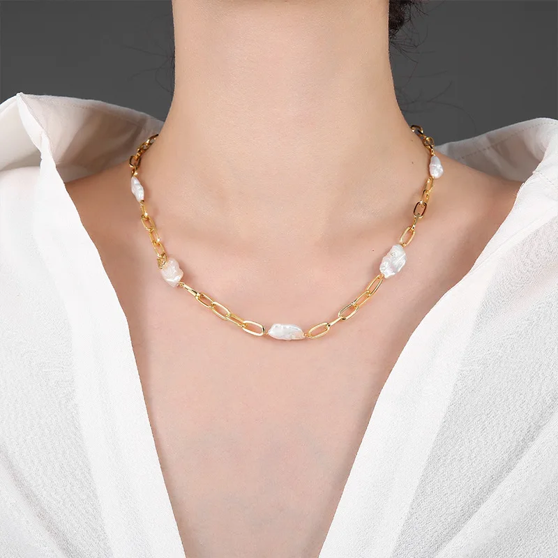 

2021 Vintage Gold Plated Chunky Link Chain Freshwater Pearl Choker Necklaces Water Resistant Gold Jewelry Wholesale For Women