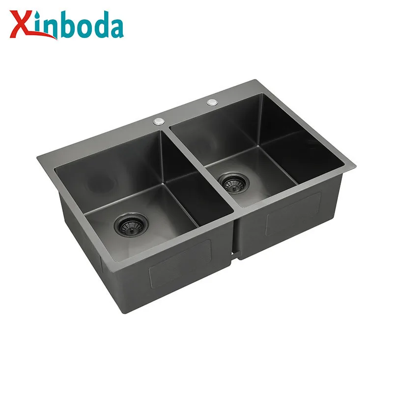 New Style Nano Titanium Topmount Double Bowl 304 Stainless Steel Kitchen Handmade Sink