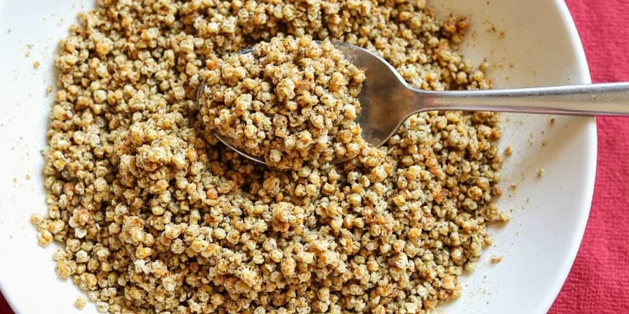 Close-Up of White Pepper Grains with Nutritional Facts Nearby