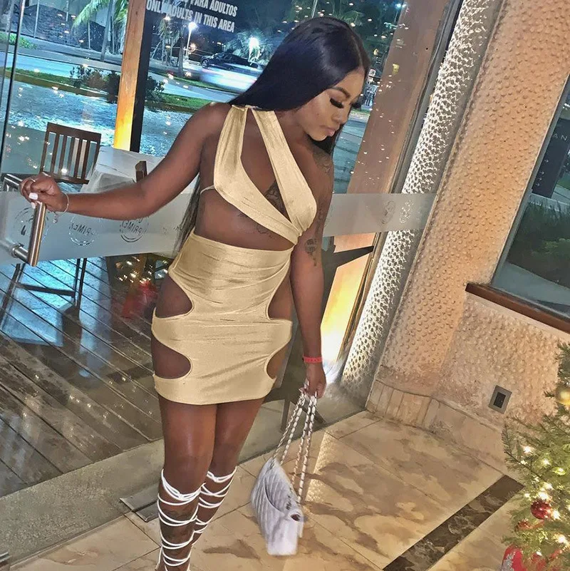 

2021 Women Cut Out Solid Color Sexy Halter Mini Dresses One Shoulder Bodycon Party Clubwear Evening Summer Dress, Picture color