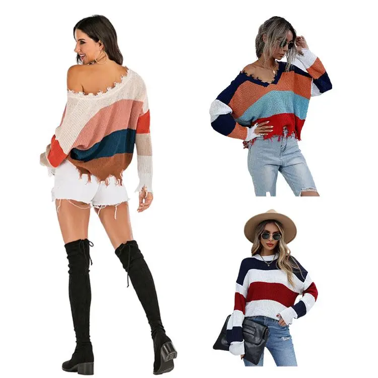 

Women fashion V neck Long Sleeve color block loose crop short ripped distressed Stripe rib knit loose pullover Sweater jumper, 3 colorway