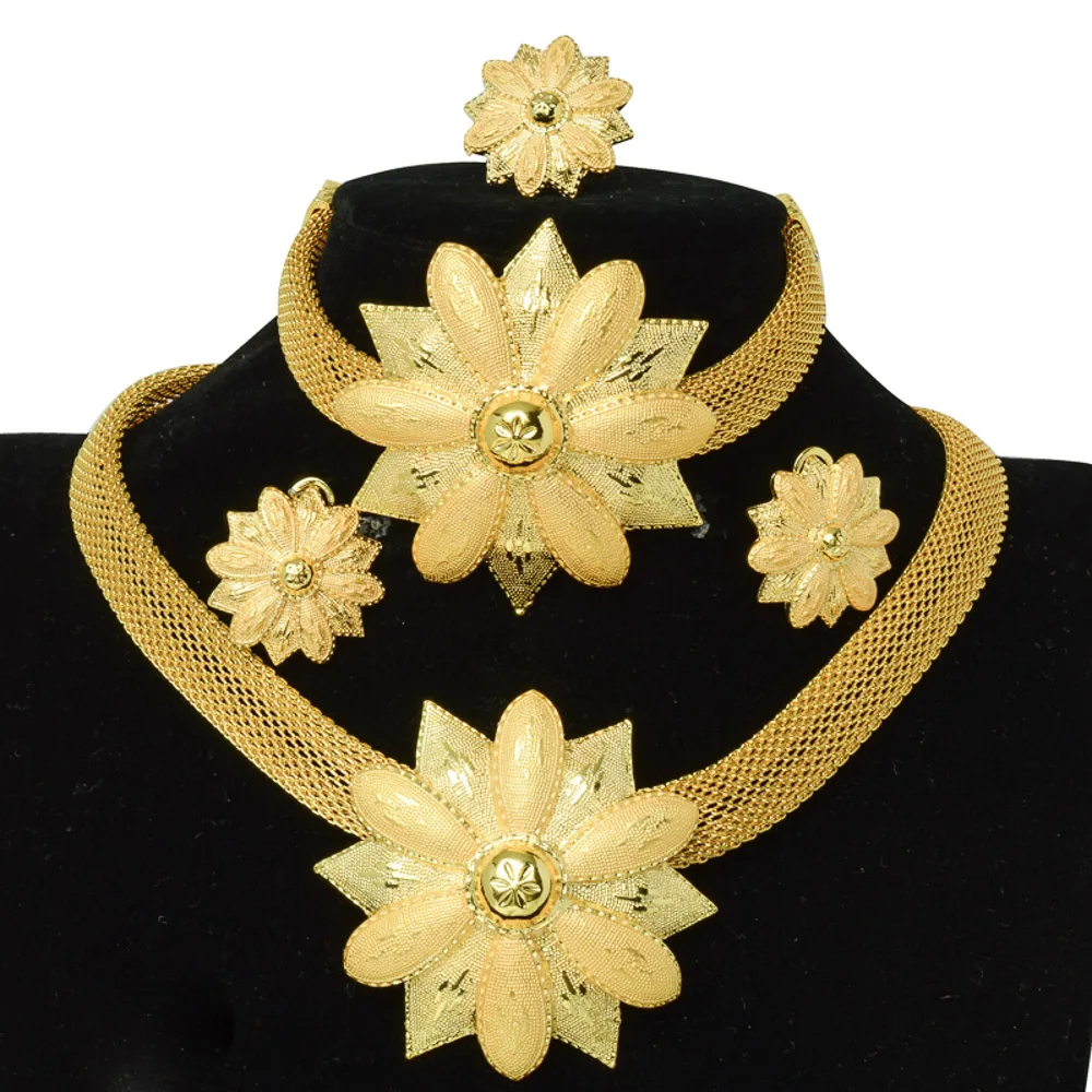 

14K Western Necklaces Earrings Bracelets Wedding Bridal Plated Gold Plating India Jewelry Set For Women