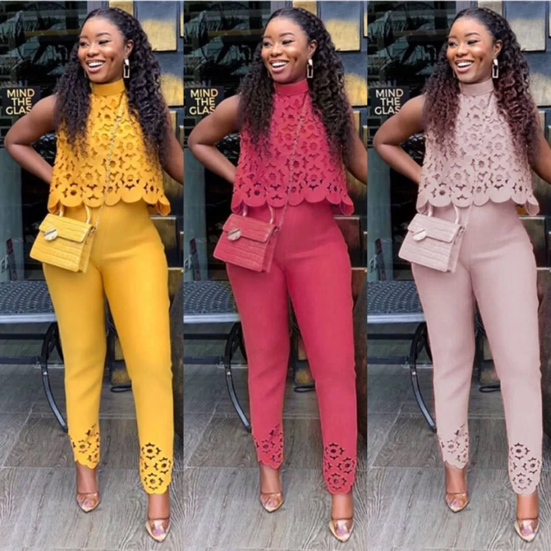 

2020 New Fashion Elegant Suits Women Office 2 Piece Sets Women Sleeveless Hollow Sets, As shown