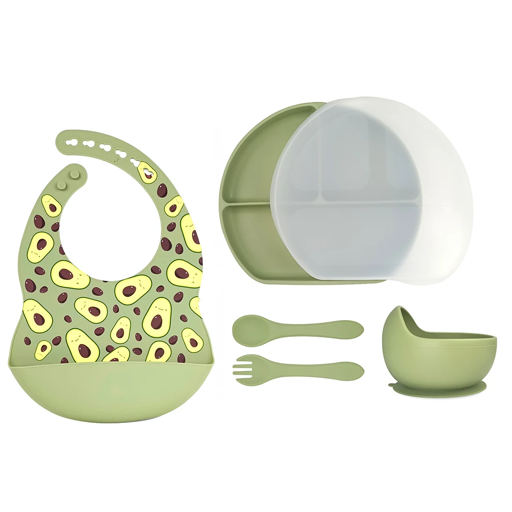 

Silicone Baby Feeding Set Babero Suction Plate With Lid Straw Cup And Cutlery Waterproof Bib Utensils Silicona para bebes RTS