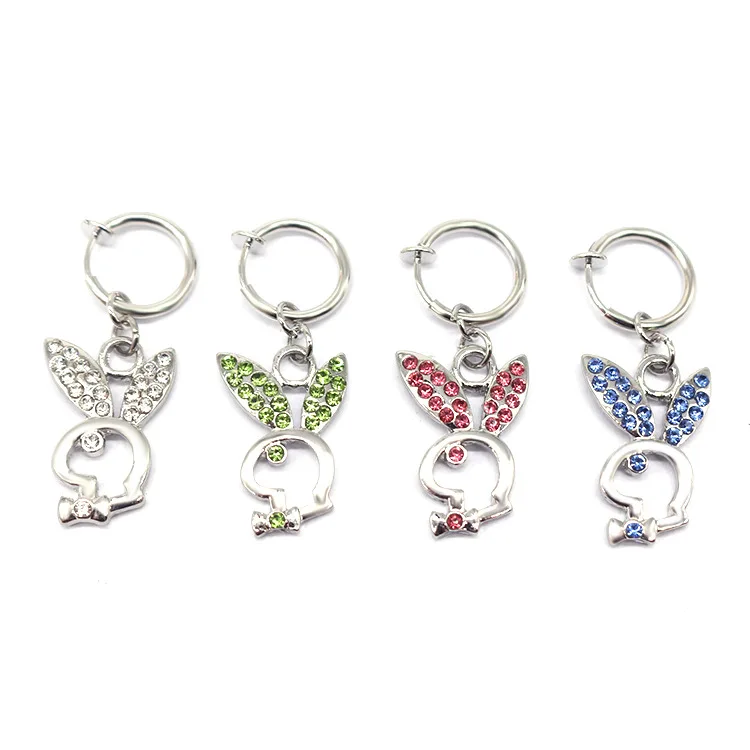 

New Colorful Crystal Hollow Rabbit Fake Piercing With Women Non Piercing Bunny Dangling Surgical Steel Belly Rings, Silver/gold