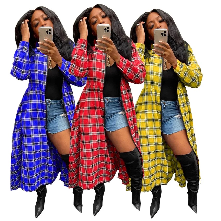 

MD-20091701 2021 Women Plaid Tops T Shirts Tops Winter Fall Clothing Blouses Trendy Fashion Trench Jackets Long Coats