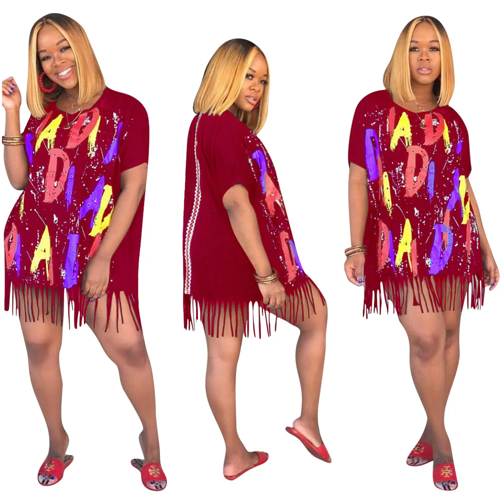 2019 Short Sleeve Printed Letter tassel straight Dress Women Fashion bodycon dress african kitenge dress designs