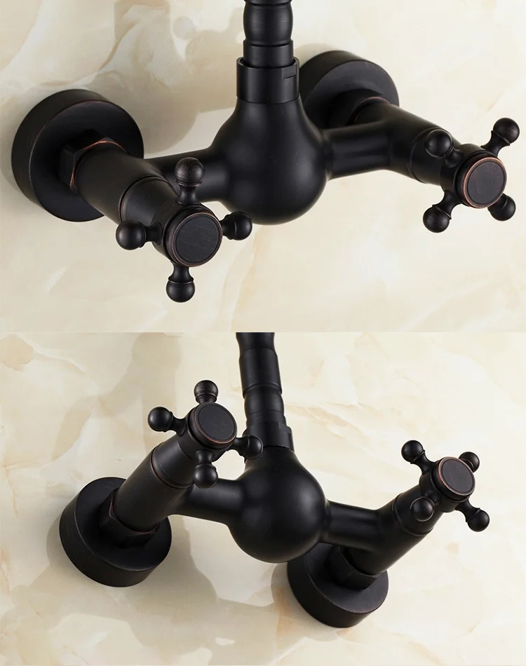 China Competitive Price Vintage Copper Double Handles Wall Mounted Black Kitchen Faucet ORB Kitchen Sink Faucet Water Mixer Tap