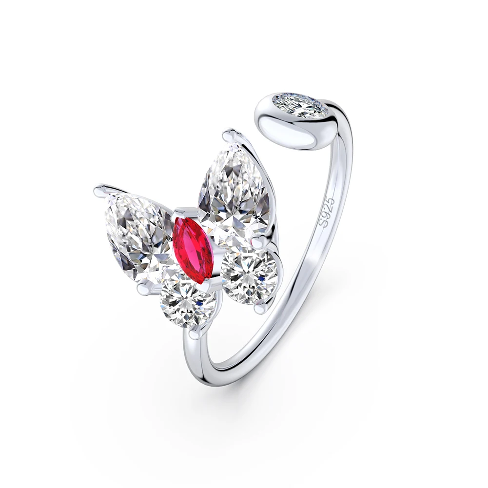 LZR15 RINNTIN New Arrival 925 Sterling Silver Cute Butterfly Open Rings Created Ruby Adjustable Ring for Women Girls