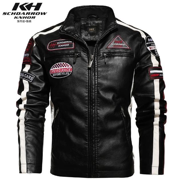

Large size new men's PU jacket motorcycle racing suit trendy men's leather jacket plus fleece thin label contrast jacket, Customized color