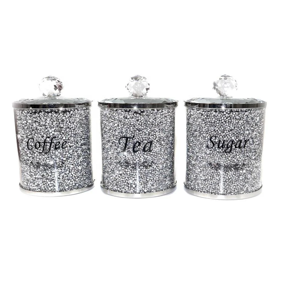 
Black Writing Kitchen Storage Silver Trimmings Crystal Filled Diamond Crushed Tea Coffee Sugar Canisters Jars 