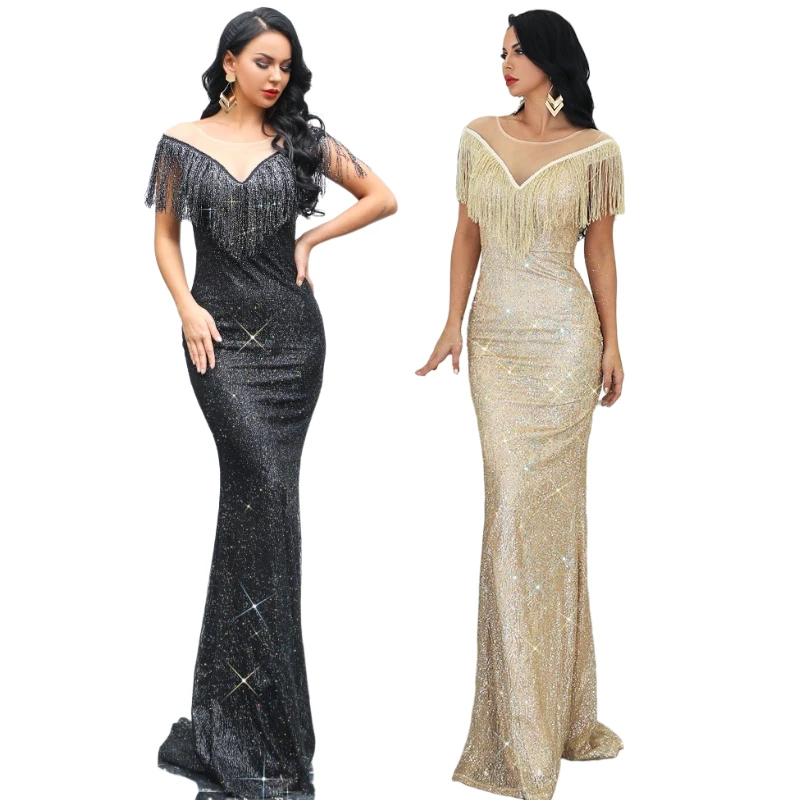 

Candice Stitching mesh split wrap dress bling shiny glittering tassel halter elegant summer evening dresses long women