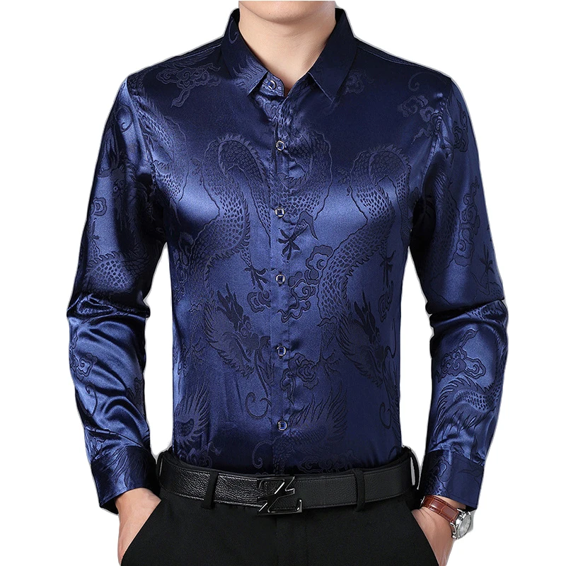Silk Satin Mens Shirts Chinese Dragon Mens Slim Fit Long Sleeve Button ...