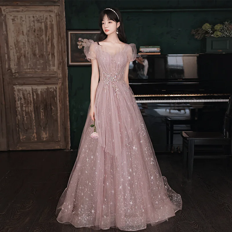 

Wholesale Price New Beautiful And Elegant Party Banquet Celebration Bridesmaid Pink Dress Women's Evening Dress, As shown