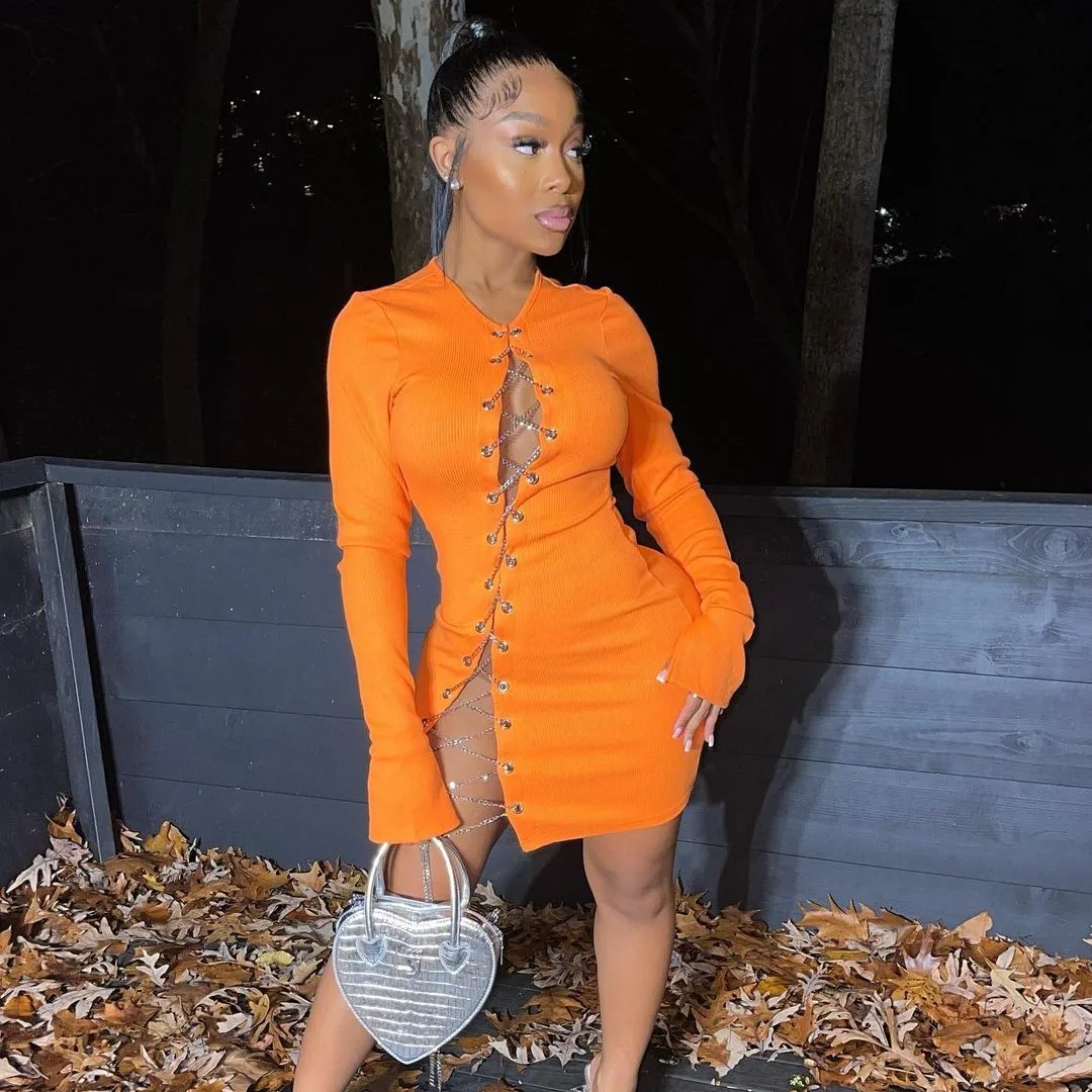 

Fall Fashion Sexy Knitted Lace Up Long Sleeve Ladies Clothes Club Wear Bodycon Dress Short Mini Dresses Casual For Women -CY, Black,orange,light blue