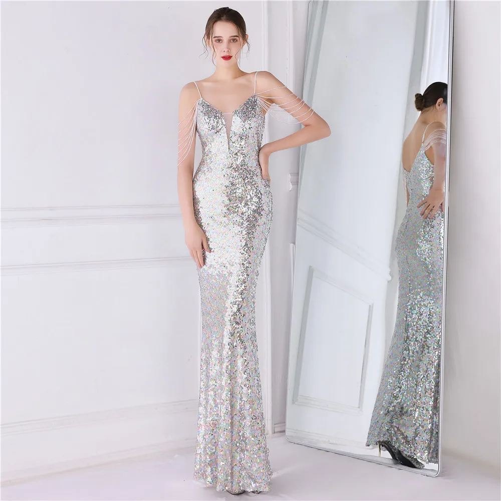 

19186# 2022 New Design Floor-length Sleeveless V-neck Trumpet Or Mermaid Sequined