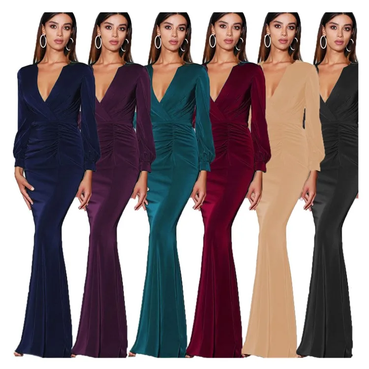 

New Women'S Long Skirt Waist Evening Dress Deep V-Neck Evening Sexy Small Trailing Dress