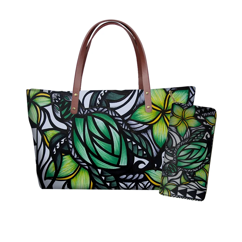 

Colorful Elegant Polynesian Tribal Hawaii Flowers Print Handbag and Long Purse Ladies Zipper Tote Bag Large Shoulder Bags Custom