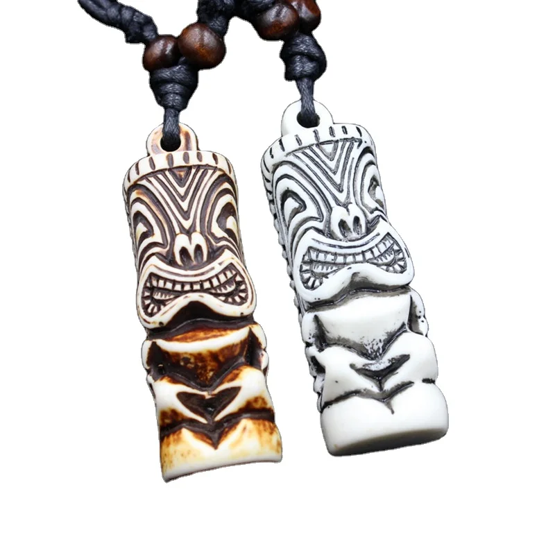 

Wholesale Resin Carved Tiki Man Totem Necklaces New Zealand Maori Tiki Totem Amulet Pendant Necklace Jewelry, Multi