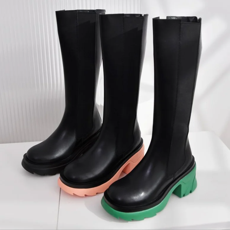 

Autumn and winter fashion elastic but knee boots women's thick-soled Increase Chelsea boots women, Black,green,pink
