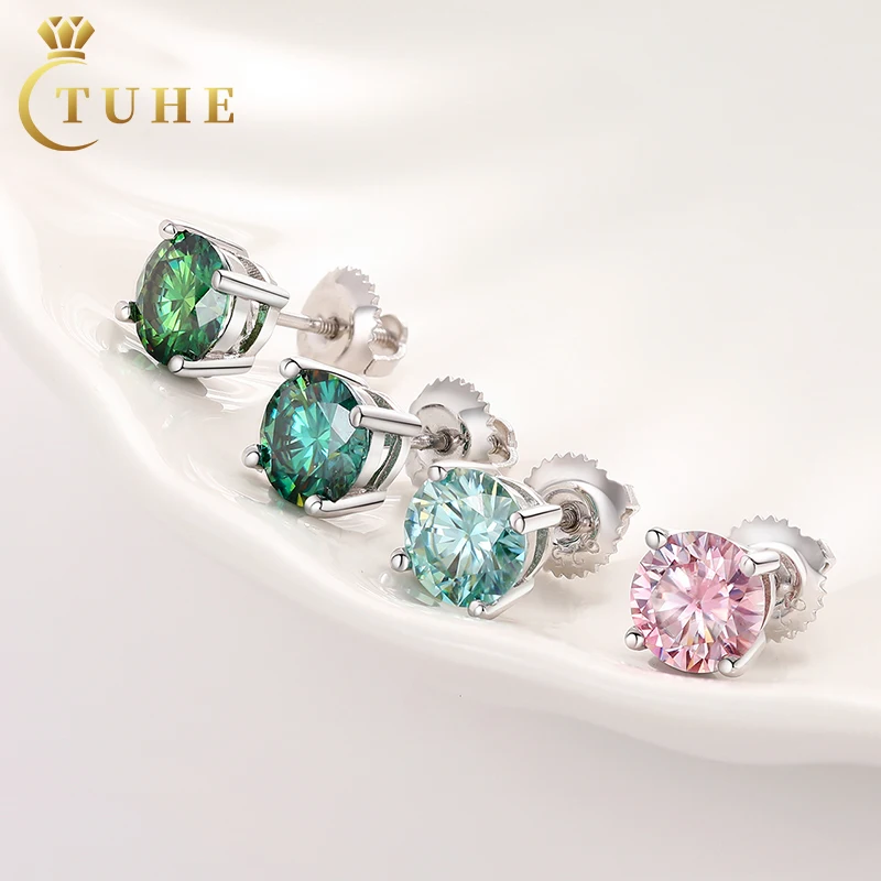 Pass Diamond Tester Wedding Earring 925 Silver 6.5mm 1CT Brilliant Cut Colorful Moissanite Earrings With GRA Certificate