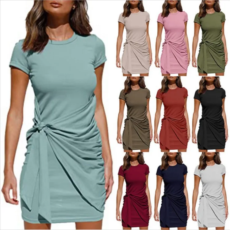 

2021 European and American hot selling irregular dress round neck fold bow belt low price wholesale