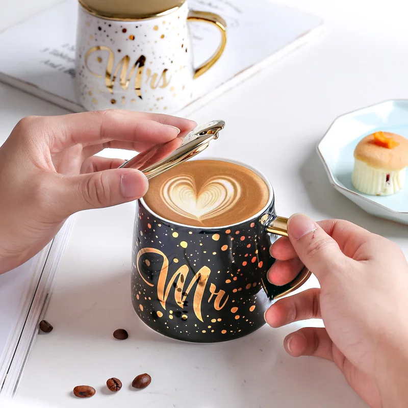 

Gold Handle Mr and Mrs Ceramic Coffee Mug, Black, white