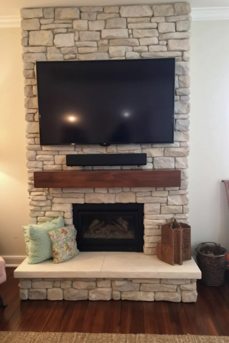 Open shelving flanking a TV above fireplace