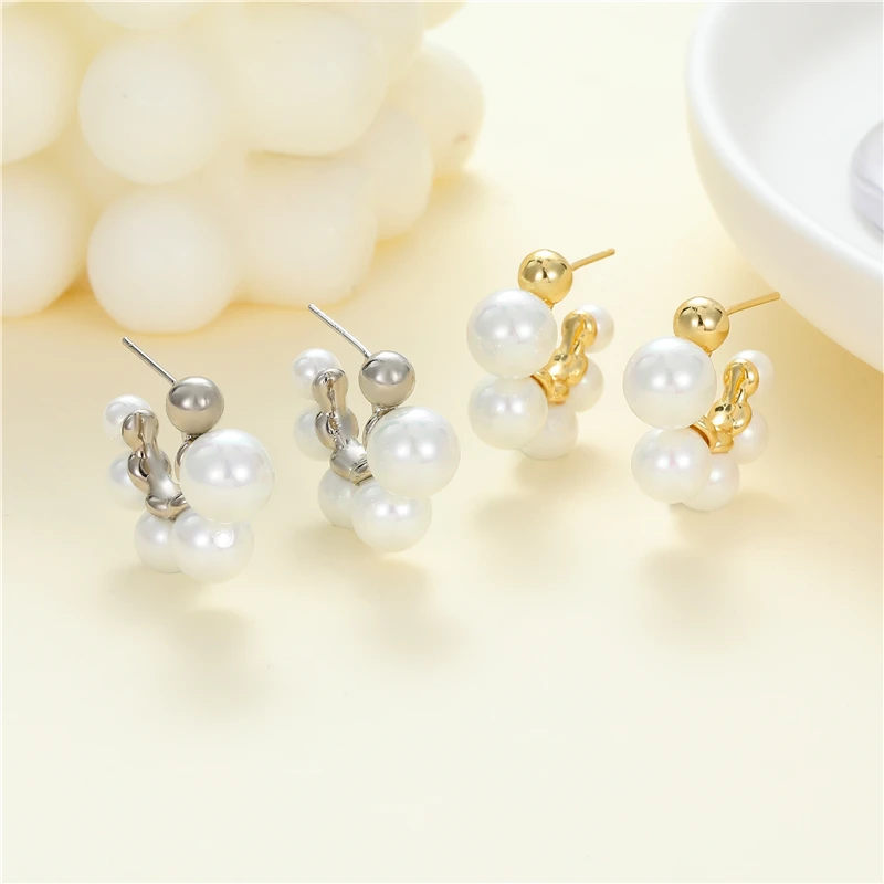 Wholesale Jiexing Jewelry Pearl Design Earring Gold Plated C-Shape Daily Design Stud Earrings S925 Silver Needle For Women Girls