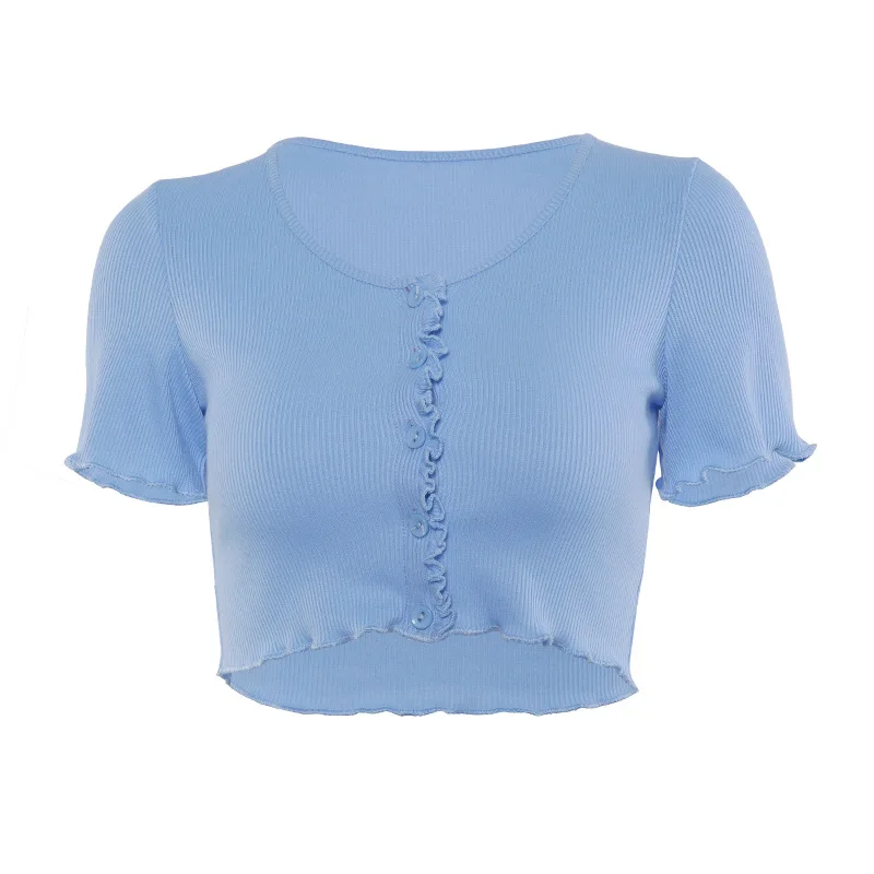 

2020 summer hot selling women's new solid color ribbed short-sleeved button blouse in Europe and America