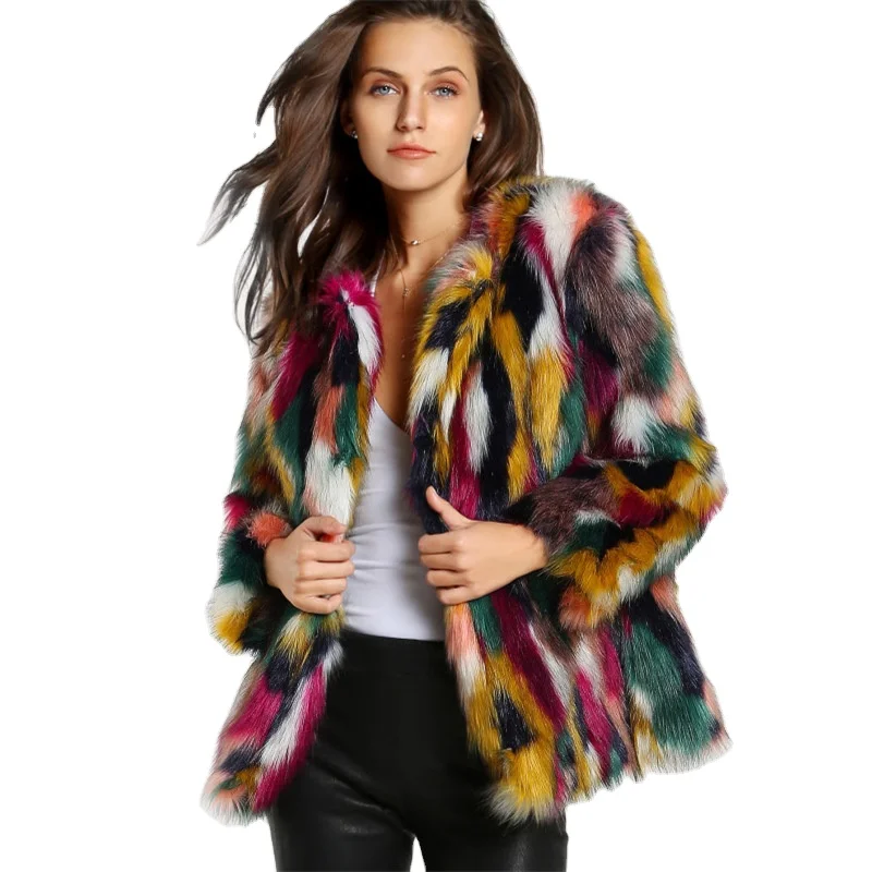 

Hot sales Fashion long lady Plush mix color women faux fur coat
