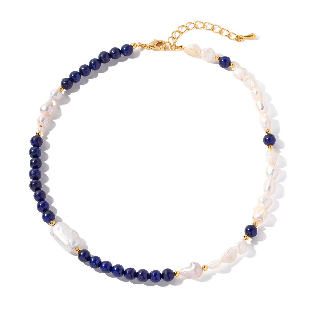 

Baroque Pearls Necklace Brass Blue Lapis Stone Bead Freshwater Pearl Necklace for Women