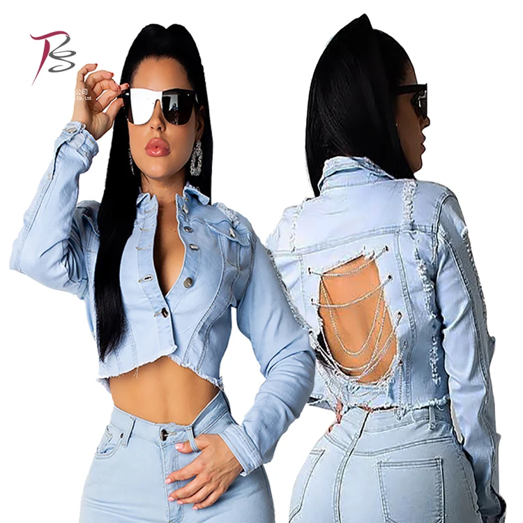 

Ladies buttoned backless washed denim jean jackets for ladies, Picture