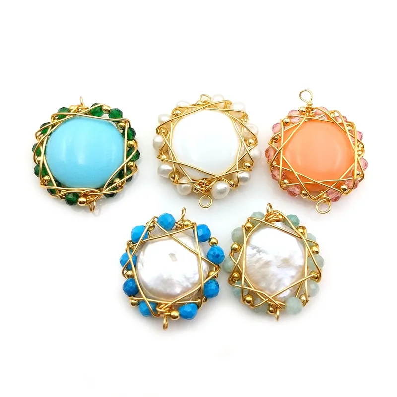 

High Quality Natural Quartz Multi Colors Beads Handmade Flower Wired Pendant Gold Plated Pearl Charms for Jewellery Making, Multi natural pendant