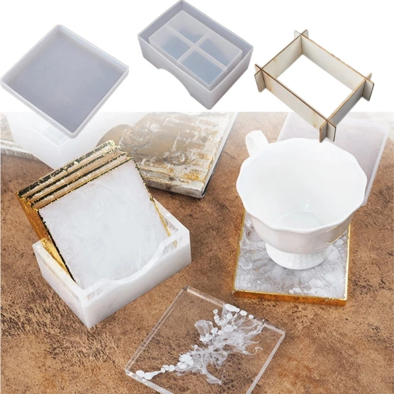 

DIY Square Coaster Box Epoxy Resin Molds Jewelry Display Stand Casting Silicone Mould Hold Up to 4 Coaster with Holder, White