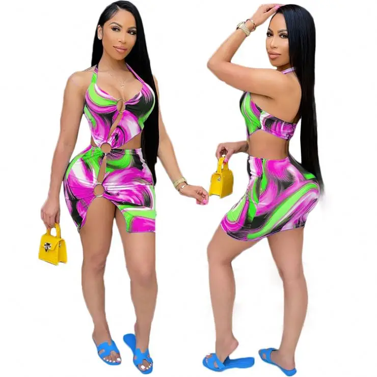 

MISSMOEN New Trendy Halter Open Back Colorful Print Dress Summer Sexy Bandage Beach Wear Short Mini Woman Sundresses