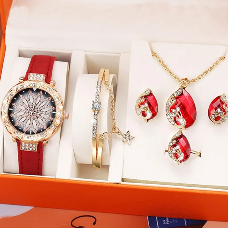 

Luxury Iced Out Gold Plated Quartz Wristwatch Bracelet Necklace Earring Ring Red Stone 5 Jewelry Set Birthday Gift For Ladies