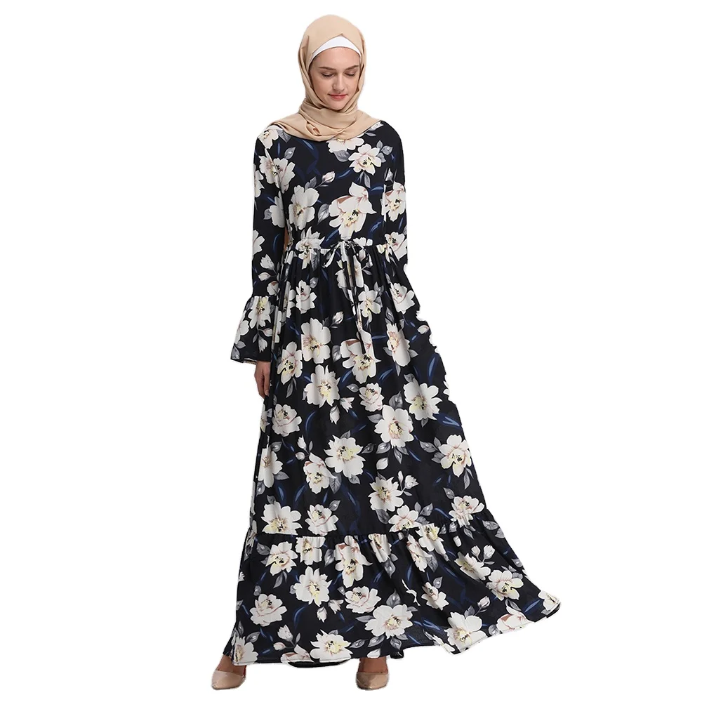 

India Pakista clothing Casual dresses with contrast color abaya ethnic high waist islamic dress, Navy