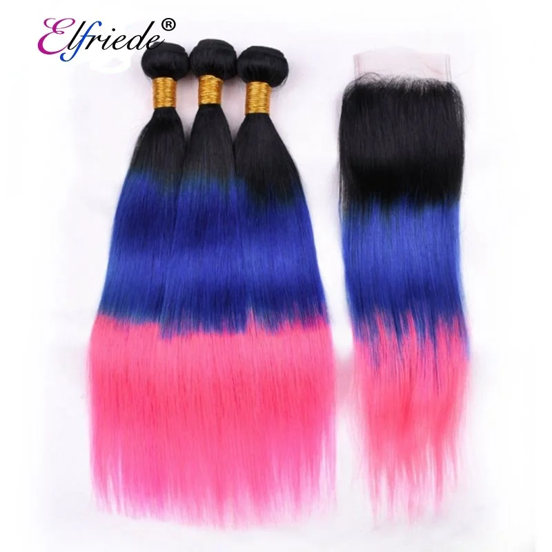 

#T 1B/Blue/Pink Straight Ombre Hair Bundles with Lace Closure 4"x4" Brazilian Remy Human Hair Wefts with Closure JCXT-56