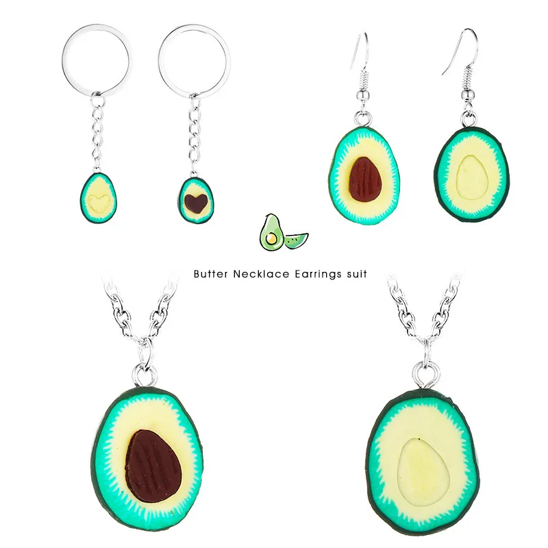

Cute avocado shape pendant necklace cartoon personality polymer clay Fruit necklace drop earrings keychain Friendship jewelry