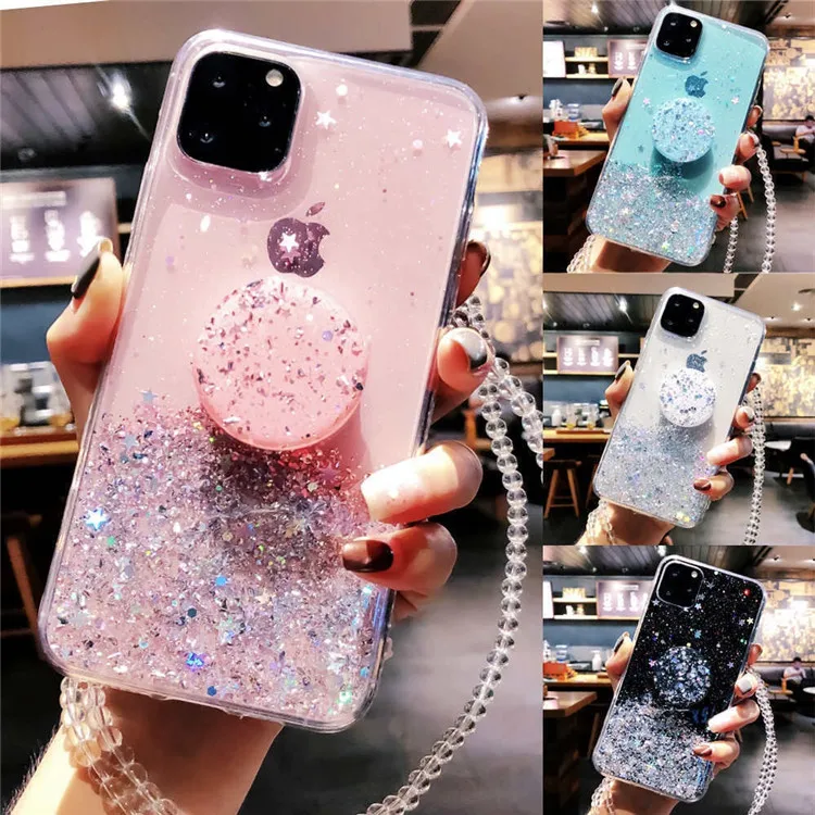 

Starry Style Phone Case, Transparent Luxury Women Bling Glitter Mobile Cover with Lanyard for iPhone 12 Pro Max XR Shiny Cover, 4 colors