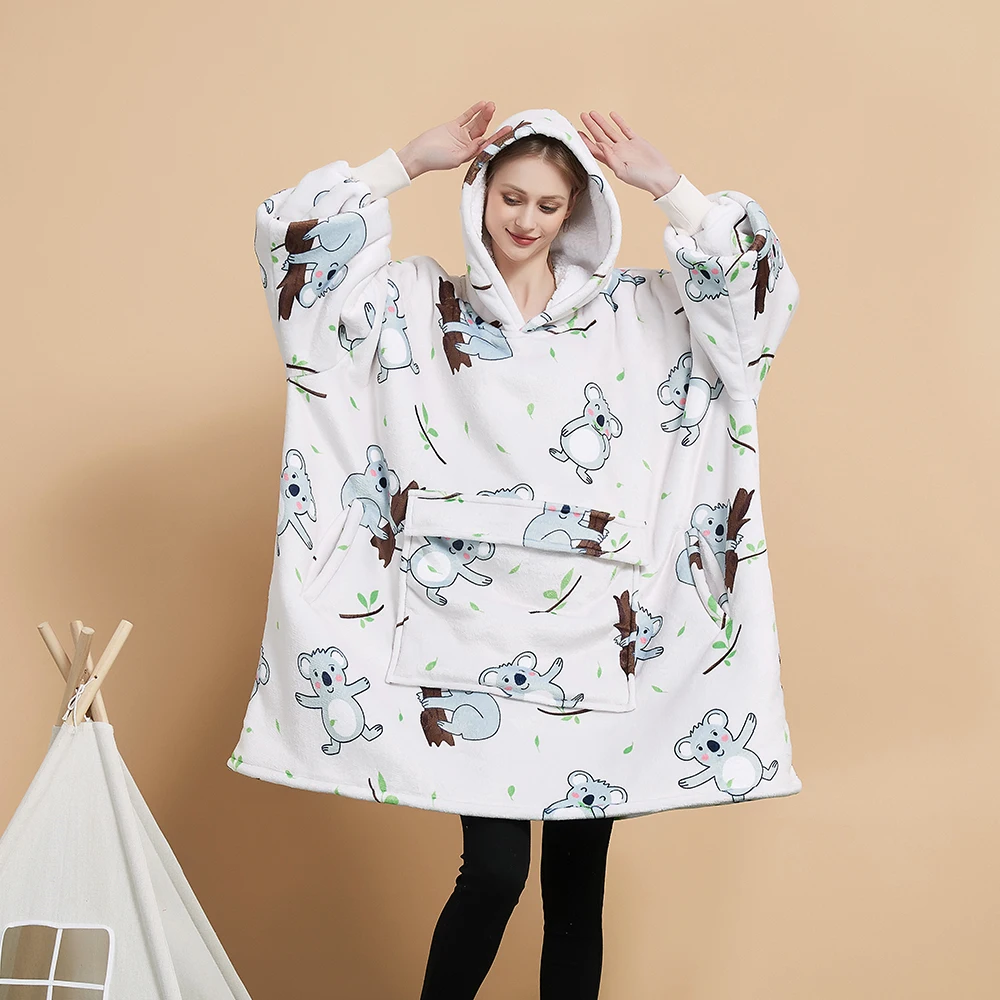 Custom Giant Pocket Design Oversized Flannel Sherpa Sweatshirt Mens Womens Wearable Hooded Blankets Hoodie Blanket