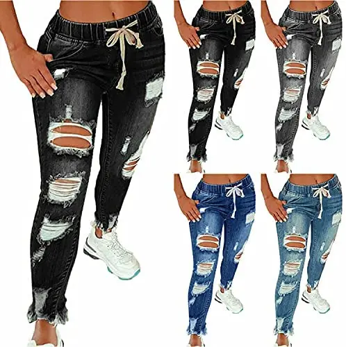 

Women Plus Size High Waist Skinny Stretch Ripped Destroyed Denim Jeans Pants Hole Ripped Flare Jeans Women