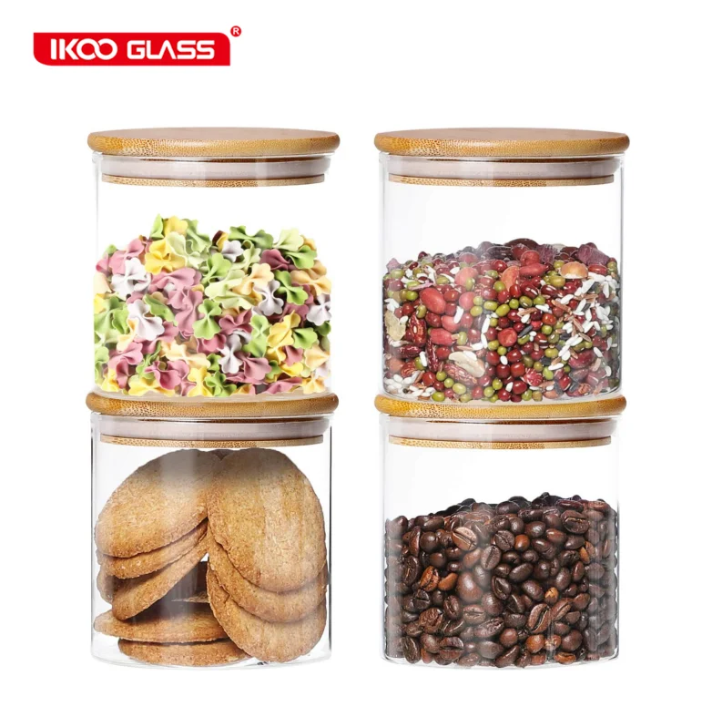 

IKOO 18.6 OZ 4 Pack Glass Jars with Airtight Bamboo Lids Glass Kitchen Canisters Clear Container for Food Storage of Dry Goods