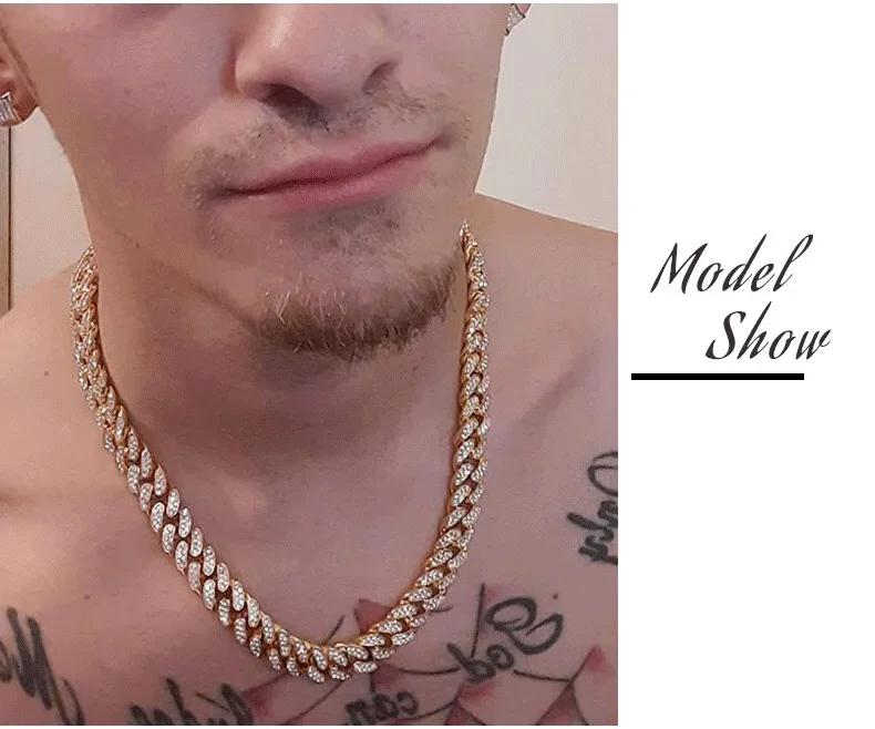 

13mm Hip Hop Necklace Jewelry Bling Gold Plated Choker Necklace Miami Iced Cuban Full Diamond Thick Chain For Men Jewelry, Sliver,gold