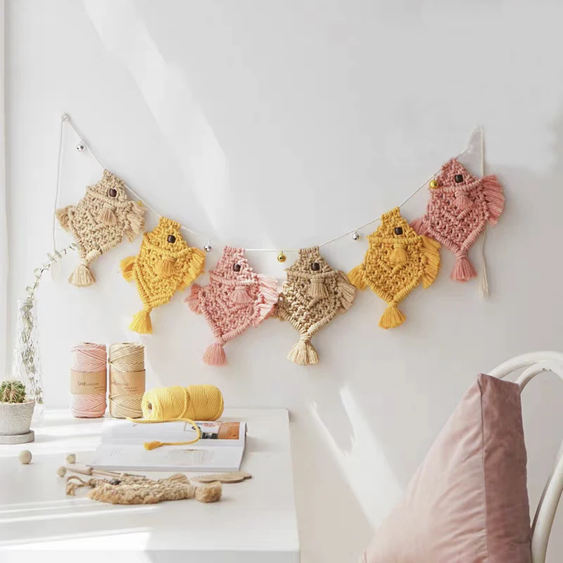 

Macrame Woven Wall Hanging Fringe Fish Banner Boho Chic Wall Decor Apartment Dorm Living Room Bedroom Decor wall art, White yellow orange or customized color