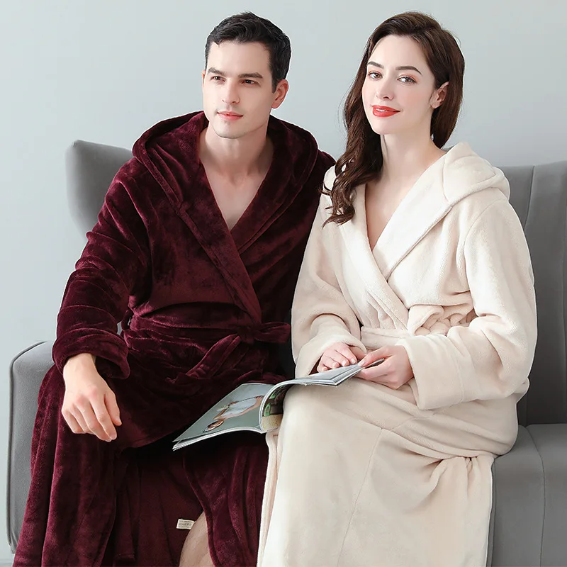 

Winter Autumn Flannel Thickened Lovers Bathrobes Absorbable Warm Sleepwear Nightgown Super Soft Hotel Home Clothes