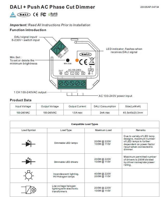 SUNRICHER SR-2303SAC-HP Triac de 1 canal controlable por DALI y pulsador